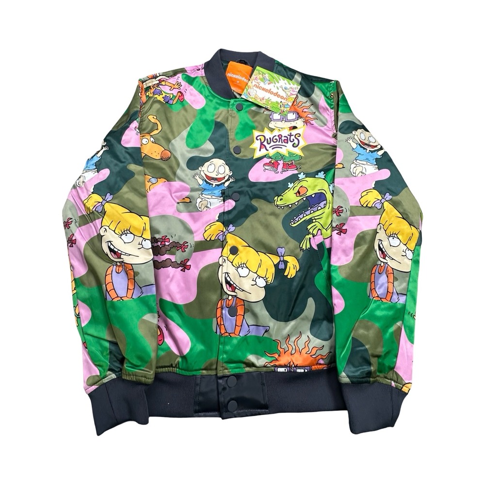 Nickelodeon Bomber Jacket Unisex M Green Rugrats Camo‎ Satin Quilted Retro 90s
